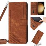For Samsung Galaxy S23 5G Skin Feel Stripe Pattern Leather Phone Case with Lanyard(Brown)