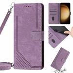 Samsung Galaxy S10+ Skin Feel Stripe Pattern Leather Phone Case with Lanyard(Purple)