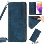For Samsung Galaxy A02s US 166mm Skin Feel Stripe Pattern Leather Phone Case with Lanyard(Blue)
