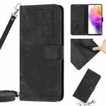 For Samsung Galaxy A11 / M11 Skin Feel Stripe Pattern Leather Phone Case with Lanyard(Black)