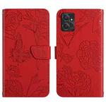 For Motorola Moto G Power 2023 HT03 Skin Feel Butterfly Embossed Flip Leather Phone Case(Red)
