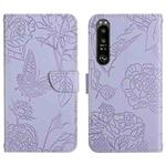 For Sony Xperia 1 V HT03 Skin Feel Butterfly Embossed Flip Leather Phone Case(Purple)