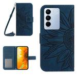 For vivo V27 HT04 Skin Feel Sun Flower Embossed Flip Leather Phone Case with Lanyard(Inky Blue)