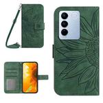 For vivo V27 HT04 Skin Feel Sun Flower Embossed Flip Leather Phone Case with Lanyard(Green)