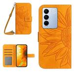 For vivo V27 HT04 Skin Feel Sun Flower Embossed Flip Leather Phone Case with Lanyard(Yellow)