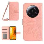 For Xiaomi 13 Ultra HT04 Skin Feel Sun Flower Embossed Flip Leather Phone Case with Lanyard(Pink)