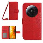 For Xiaomi 13 Ultra HT04 Skin Feel Sun Flower Embossed Flip Leather Phone Case with Lanyard(Red)