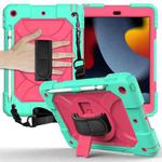 For iPad 10.2 Shockproof PC + Silicone Combination Case with Holder & Hand Strap & Shoulder Strap(Mint Green + Rose Red)