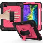 For iPad Pro 11 (2020) Shockproof  PC + Silicone Combination Tablet Case with Holder & Hand Strap & Shoulder strap(Black + Rose Red)