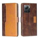 For Infinix Note 12 VIP Contrast Color Side Buckle Leather Phone Case(Dark Brown + Gold)