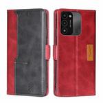 For Tecno Spark 8C Contrast Color Side Buckle Leather Phone Case(Red + Black)