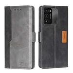 For Tecno Spark 8C Contrast Color Side Buckle Leather Phone Case(Black + Grey)