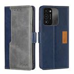 For Tecno Spark 8C Contrast Color Side Buckle Leather Phone Case(Blue + Grey)