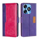 For Tecno Spark 10 4G Contrast Color Side Buckle Leather Phone Case(Purple + Rose Red)