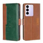 For vivo S16e Contrast Color Side Buckle Leather Phone Case(Light Brown + Green)