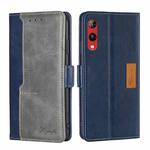 For Rakuten Hand 4G Contrast Color Side Buckle Leather Phone Case(Blue + Grey)