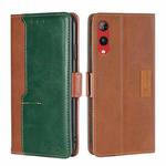For Rakuten Hand 4G Contrast Color Side Buckle Leather Phone Case(Light Brown + Green)