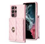 For Samsung Galaxy S22 Ultra 5G Horizontal Metal Buckle Wallet Rhombic Leather Phone Case(Pink)