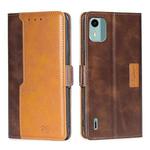 For Nokia C12 Contrast Color Side Buckle Leather Phone Case(Dark Brown + Gold)