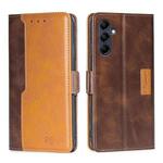 For Samsung Galaxy M14 5G Contrast Color Side Buckle Leather Phone Case(Dark Brown + Gold)