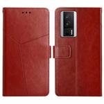 For Xiaomi Poco F5 Pro HT01 Y-shaped Pattern Flip Leather Phone Case(Brown)