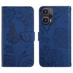 For Xiaomi Poco F5 HT03 Skin Feel Butterfly Embossed Flip Leather Phone Case(Blue)