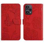 For Xiaomi Poco F5 Skin Feel Butterfly Embossed Flip Leather Phone Case(Red)