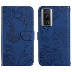 For Xiaomi Poco F5 Pro HT03 Skin Feel Butterfly Embossed Flip Leather Phone Case(Blue)