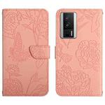 For Xiaomi Poco F5 Pro HT03 Skin Feel Butterfly Embossed Flip Leather Phone Case(Pink)