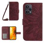 For Xiaomi Poco F5 Skin Feel Sun Flower Embossed Flip Leather Phone Case with Lanyard(Wine Red)