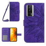 For Xiaomi Poco F5 Pro Skin Feel Sun Flower Embossed Flip Leather Phone Case with Lanyard(Dark Purple)