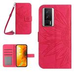 For Xiaomi Poco F5 Pro Skin Feel Sun Flower Embossed Flip Leather Phone Case with Lanyard(Rose Red)
