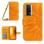 For Xiaomi Poco F5 Pro Skin Feel Sun Flower Embossed Flip Leather Phone Case with Lanyard(Yellow)