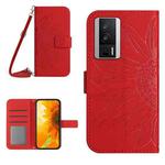 For Xiaomi Poco F5 Pro Skin Feel Sun Flower Embossed Flip Leather Phone Case with Lanyard(Red)