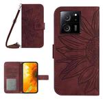 For Xiaomi 13T / 13T Pro Skin Feel Sun Flower Embossed Flip Leather Phone Case with Lanyard(Wine Red)