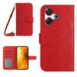 For Xiaomi Redmi 13 4G Global Skin Feel Sun Flower Embossed Flip Leather Phone Case with Lanyard(Red)