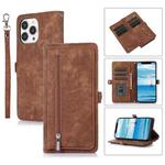 For iPhone 13 Pro Max Zipper Card Slot Buckle Wallet Leather Phone Case(Brown)