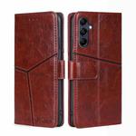 For Samsung Galaxy M14 5G Geometric Stitching Leather Phone Case(Dark Brown)