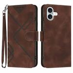 For iPhone 16 Plus Line Pattern Skin Feel Leather Phone Case(Coffee)