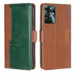 For OPPO Reno11 F 5G Contrast Color Side Buckle Leather Phone Case(Light Brown + Green)