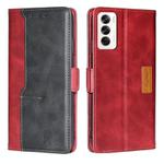 For OPPO Reno12 5G Global Contrast Color Side Buckle Leather Phone Case(Red + Black)