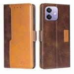 For OPPO A3 5G India Contrast Color Side Buckle Leather Phone Case(Dark Brown + Gold)
