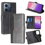 For OPPO A5x 5G Global Contrast Color Side Buckle Leather Phone Case(Black + Grey)
