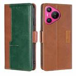 For Huawei Pura 70 5G Contrast Color Side Buckle Leather Phone Case(Light Brown + Green)