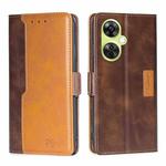 For OnePlus Nord CE 3 Lite 5G Contrast Color Side Buckle Leather Phone Case(Dark Brown + Gold)