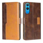 For OnePlus Nord CE 4 Lite 5G Contrast Color Side Buckle Leather Phone Case(Dark Brown + Gold)