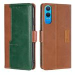 For OnePlus Nord CE 4 Lite 5G Contrast Color Side Buckle Leather Phone Case(Light Brown + Green)