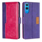 For OnePlus Nord CE 4 Lite 5G Contrast Color Side Buckle Leather Phone Case(Purple + Rose Red)