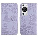 For Huawei P60 Pro HT03 Skin Feel Butterfly Embossed Flip Leather Phone Case(Purple)