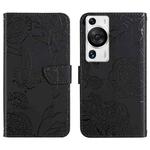 For Huawei P60 Pro HT03 Skin Feel Butterfly Embossed Flip Leather Phone Case(Black)